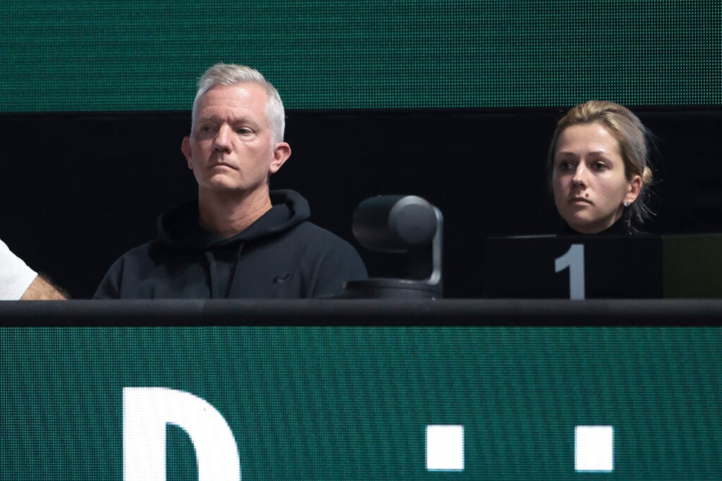 Thomas Johansson and Daria Medvedeva watch Daniil Medvedev at the Rolex Paris Masters 2025