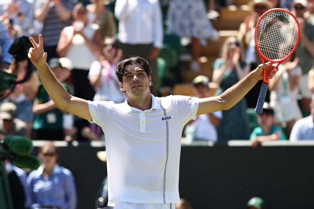 Taylor Fritz celebrates at Wimbledon.