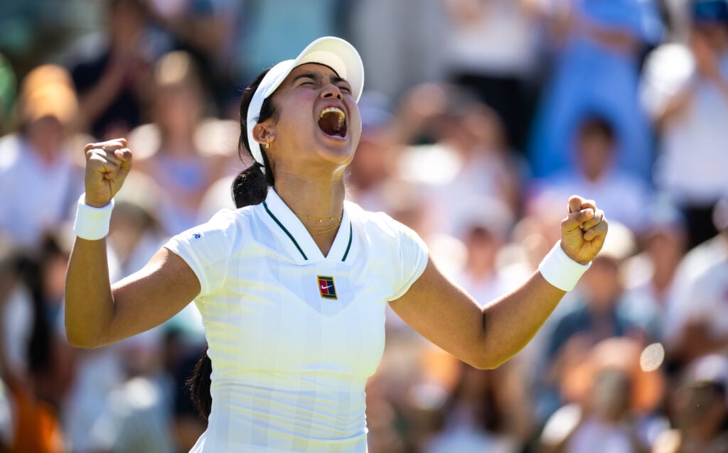 Alex Eala celebrates at Wimbledon.