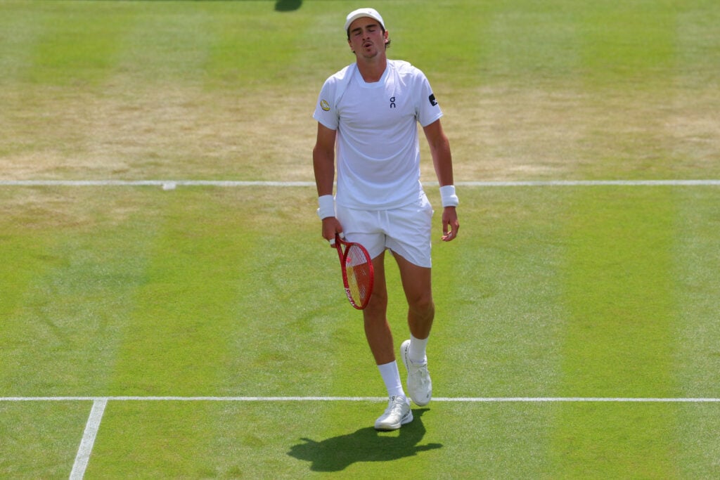 Joao Fonseca reacts at Wimbledon.