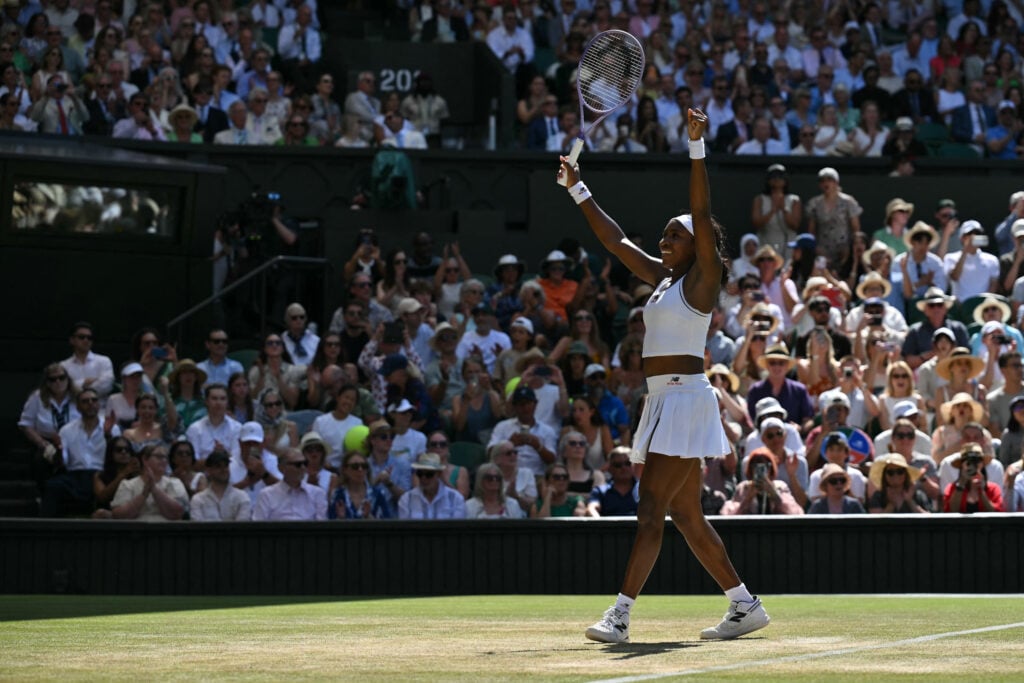 Coco Gauff celebrates at Wimbledon.
