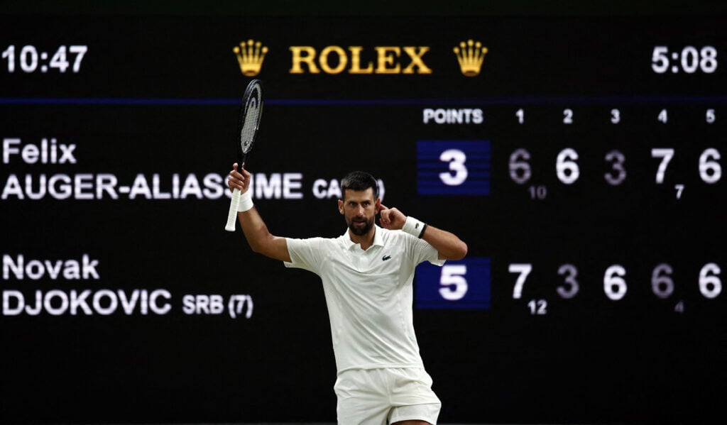 Novak Djokovic reacts during his match with Felix Auger-Aliassime at Wimbledon in 2026.