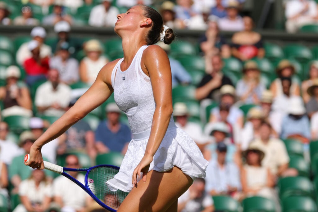 Marta Kostyuk looks dejected at Wimbledon.