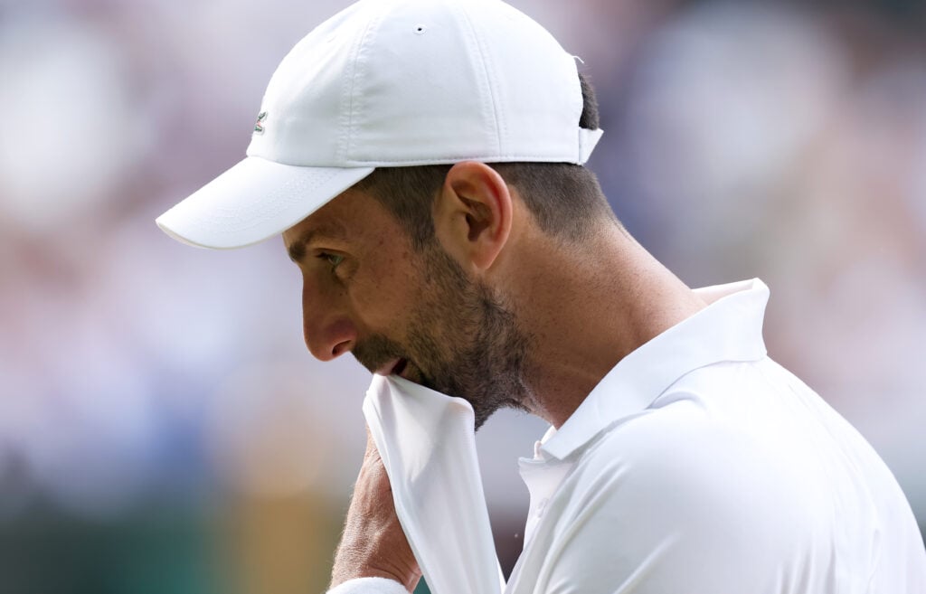 Novak Djokovic reacts at Wimbledon 2026.
